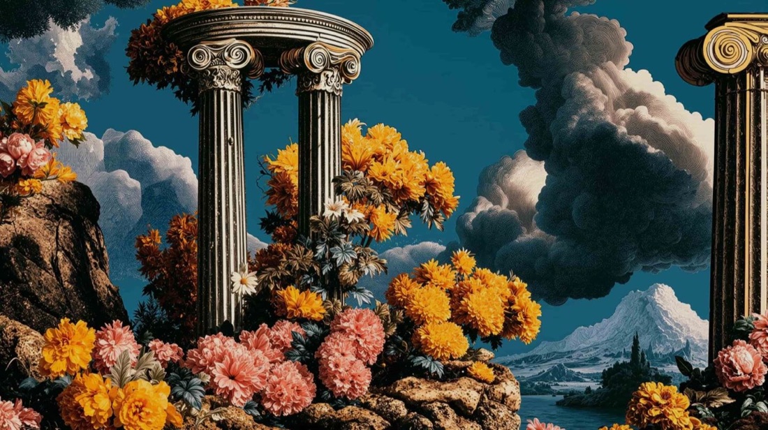 Original classical columns and colorful foliage scene
