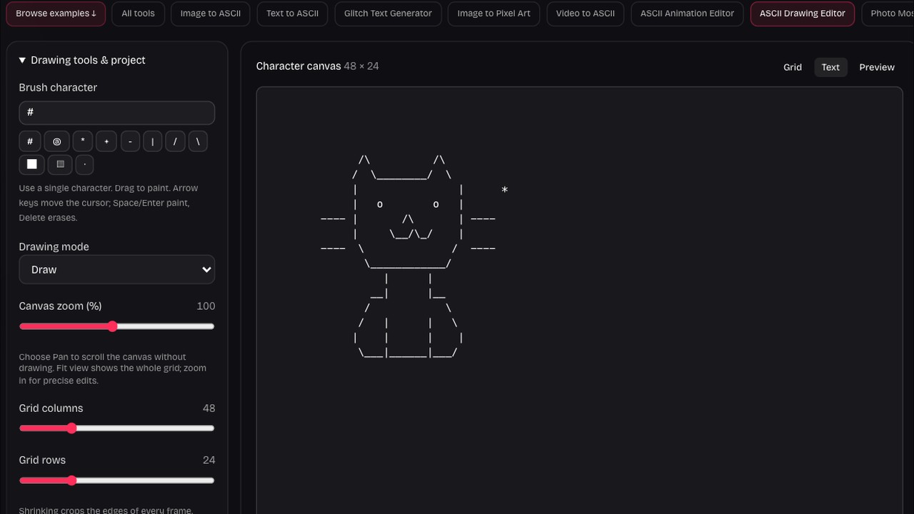 Actual character editor with the accepted cat project open in Text edit mode