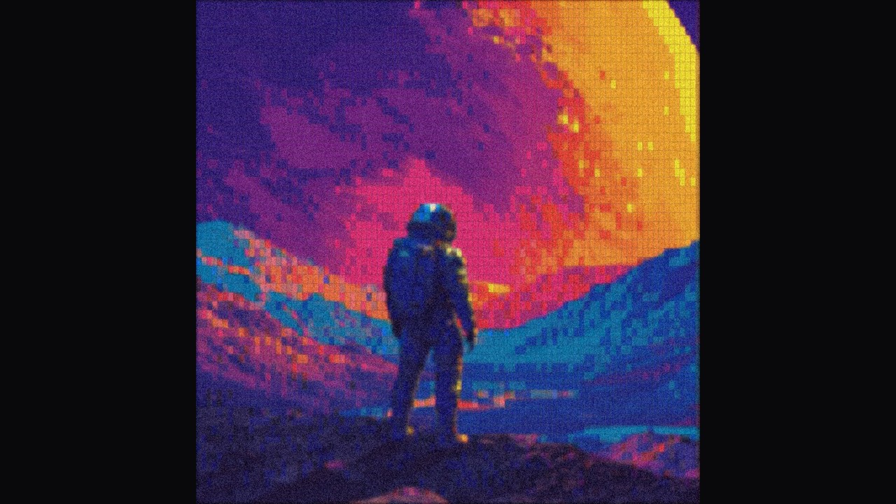 Figure beneath a pixel sunset