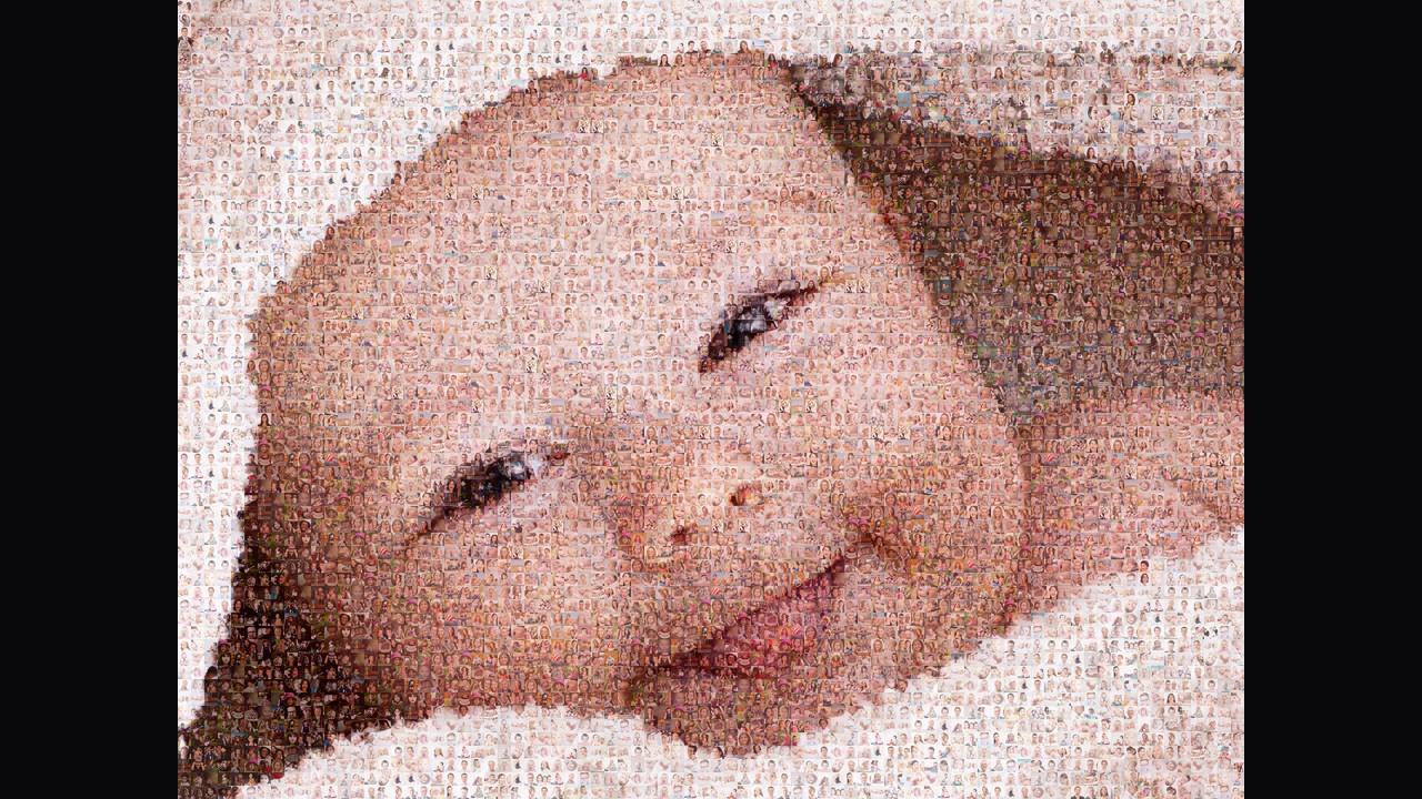 Baby portrait assembled from hundreds of small family photographs