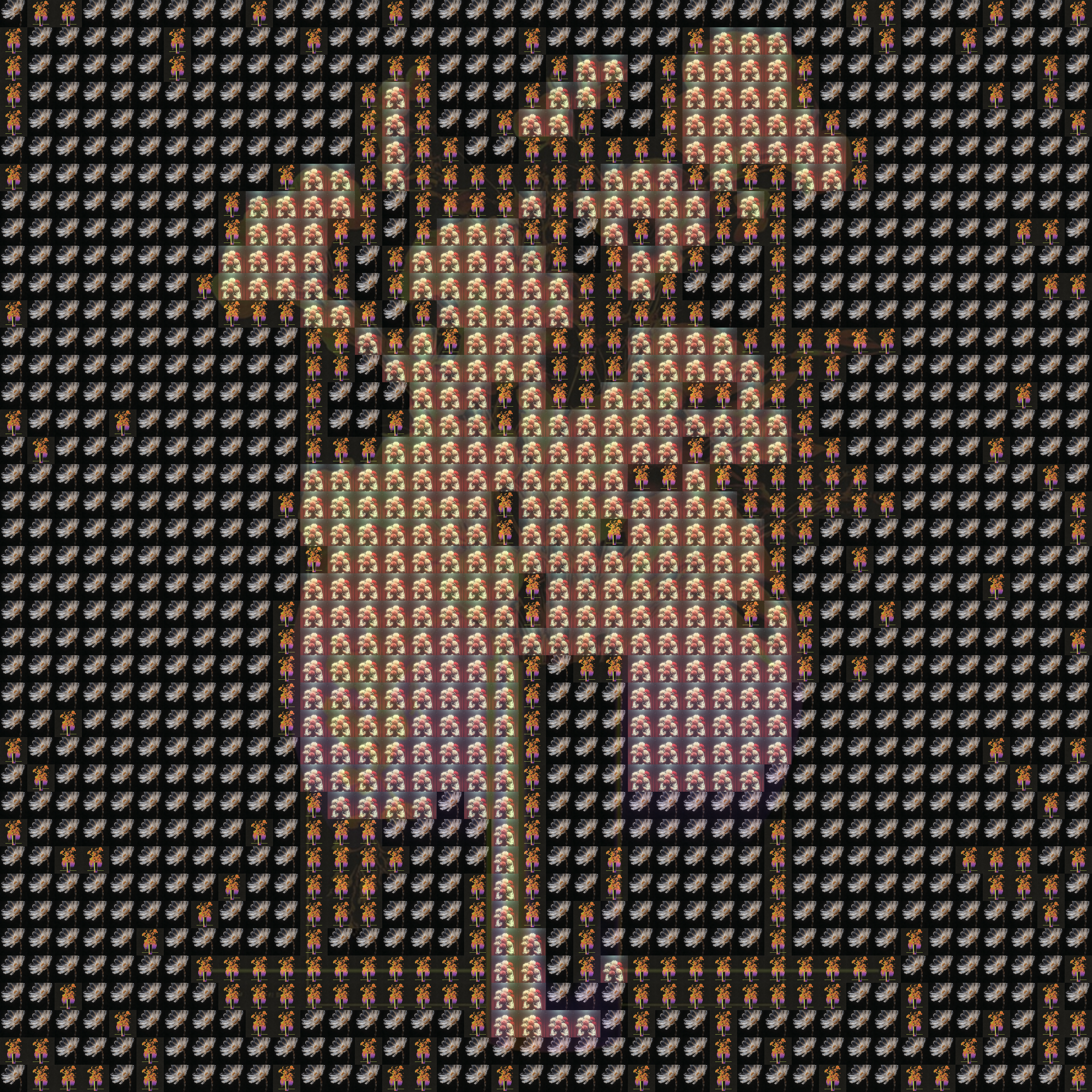 The same bouquet reconstructed from three real tile photographs