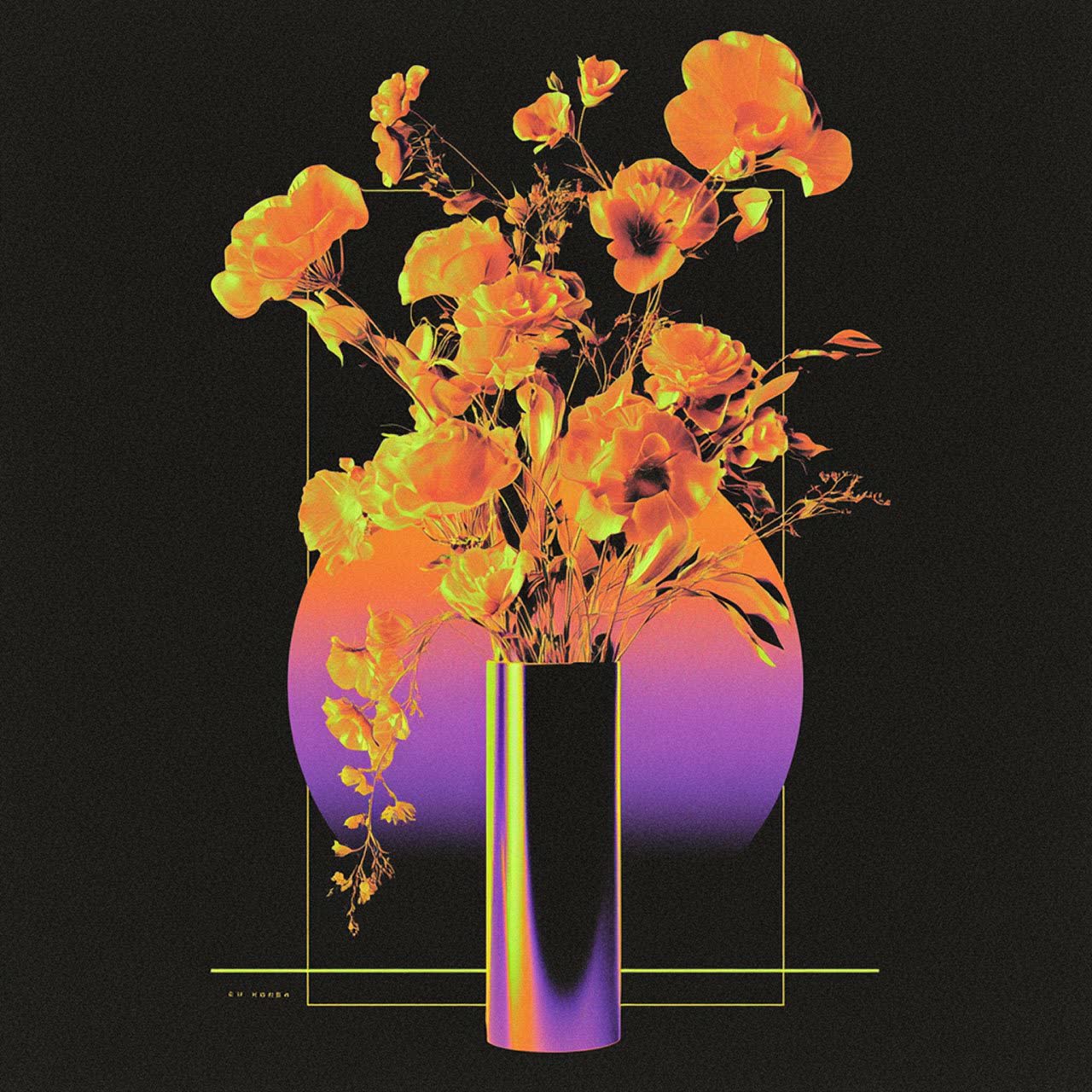 Original neon orange bouquet in a purple vase