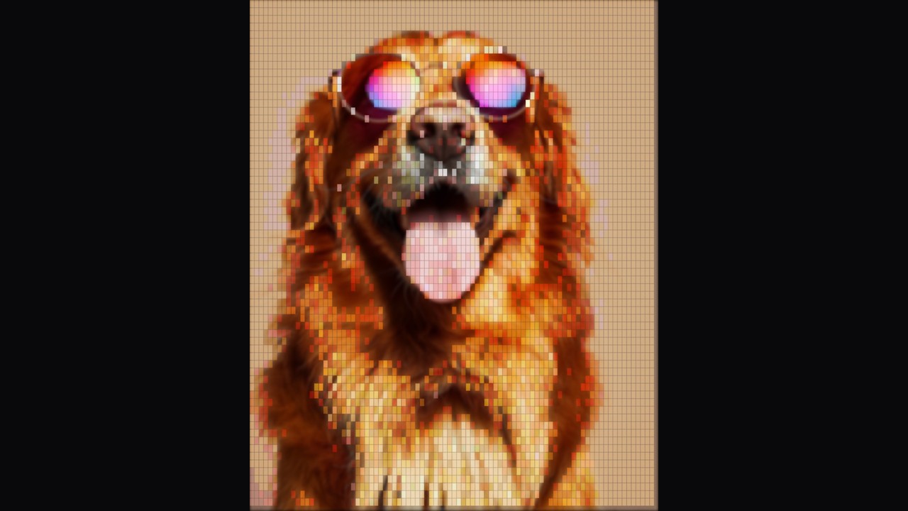 Goggle-wearing dog rendered as pixels