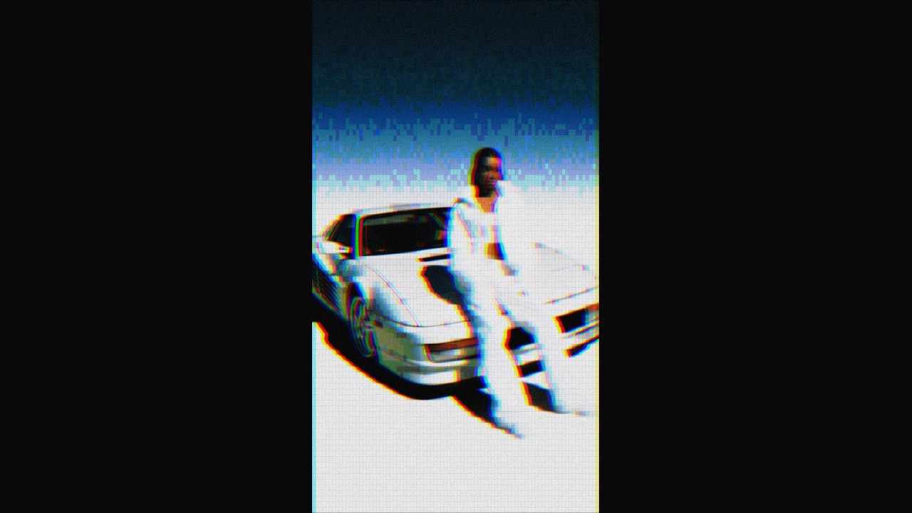 Pixel portrait beside a retro car