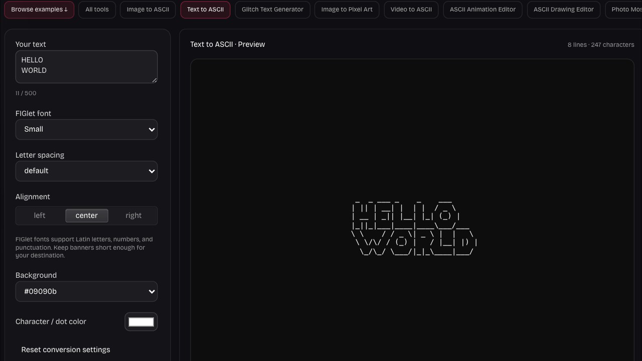 Text to ASCII interface showing HELLO and WORLD on separate centered lines