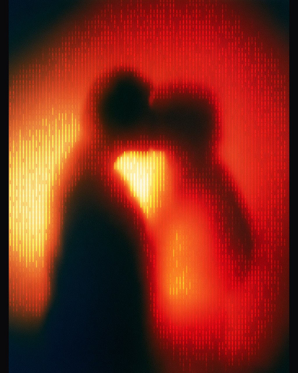 Red silhouetted figure rendered with vertical glyphs