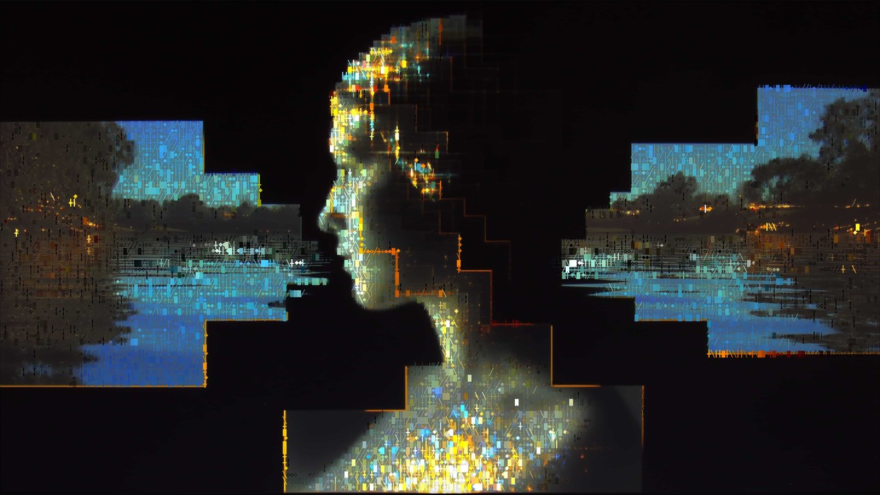 Woman beside water rendered with mixed characters