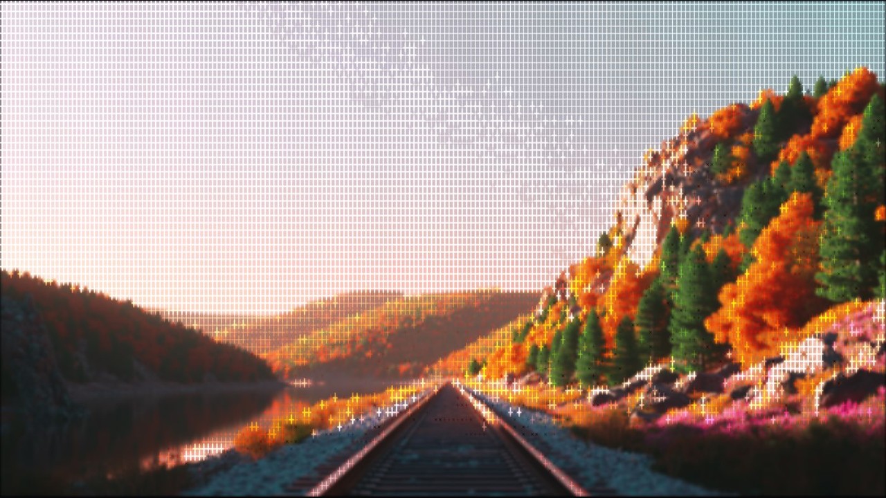 Forest road rendered with cross-shaped characters
