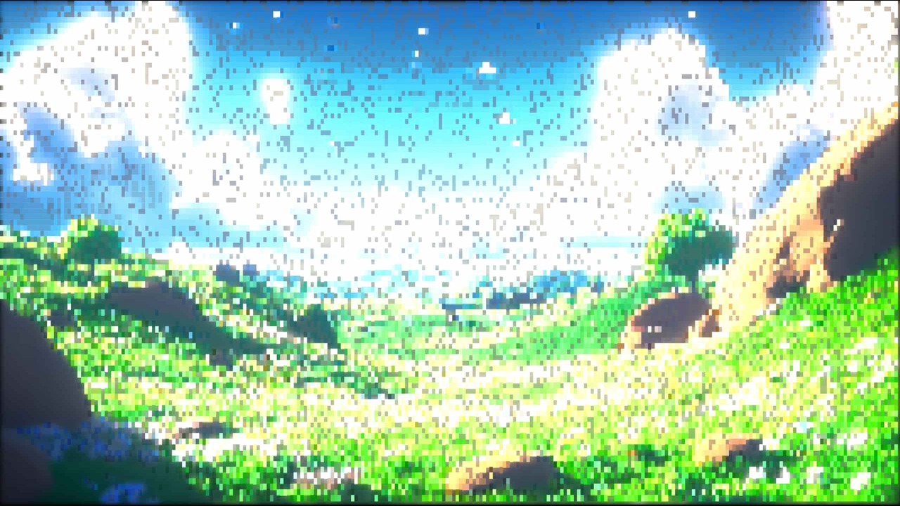 Bright grassy landscape in block characters